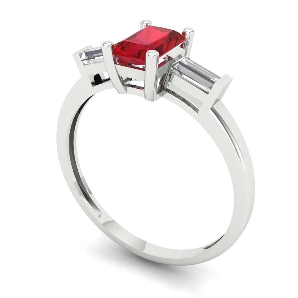 0.8 cttw Simulated Ruby Three-Stone Engagement Ring - Solid White Gold (VVS1, Emerald Cut,6x4mm)