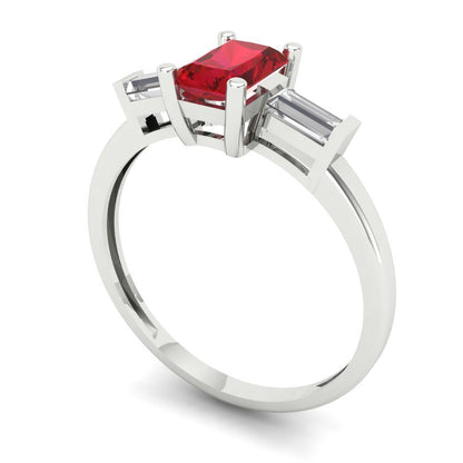 0.8 cttw Simulated Ruby Three-Stone Engagement Ring - Solid White Gold (VVS1, Emerald Cut,6x4mm)