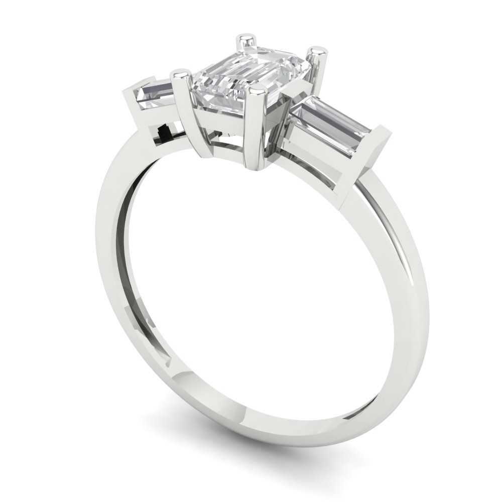 0.8 cttw White Sapphire Three-Stone Engagement Ring - Solid White Gold (VVS1, Emerald Cut,6x4mm)