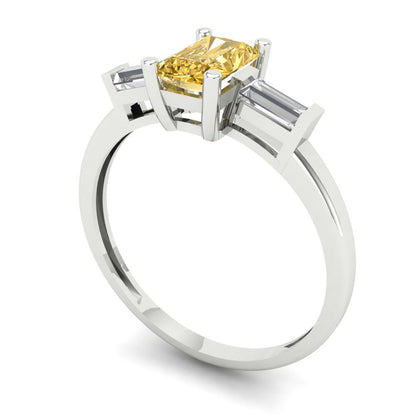0.8 cttw Yellow Moissanite Three-Stone Engagement Ring - Solid Gold (Emerald Cut,6x4mm)