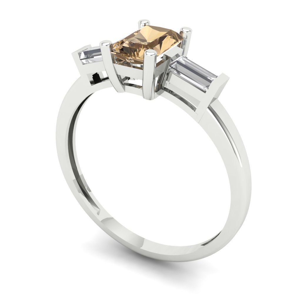 0.8 cttw Zirconia Simulated Champagne Diamond Three-Stone Engagement Ring - Solid White Gold (VVS1, Emerald Cut,6x4mm)