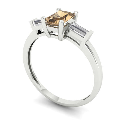 0.8 cttw Zirconia Simulated Champagne Diamond Three-Stone Engagement Ring - Solid White Gold (VVS1, Emerald Cut,6x4mm)