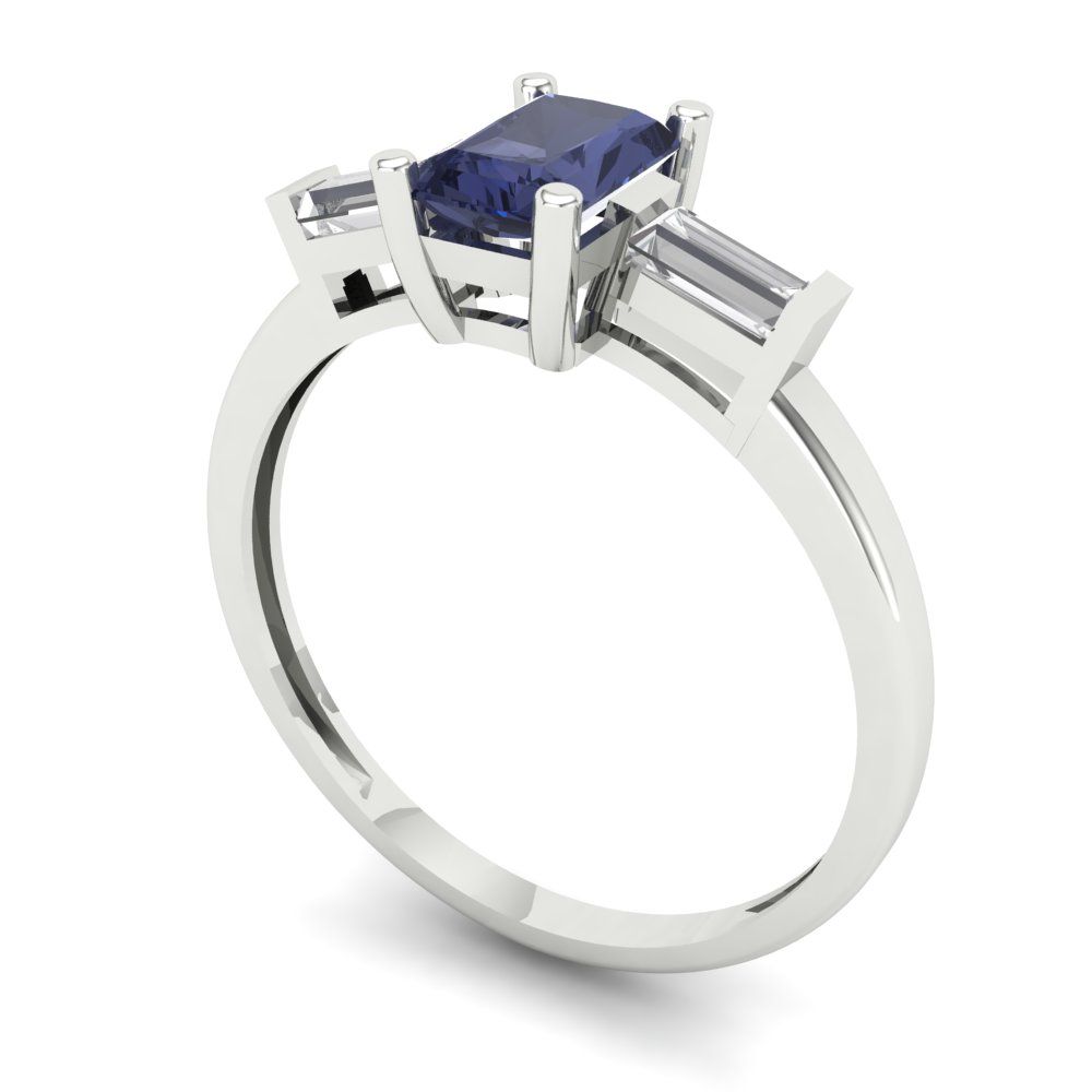 0.8 cttw Simulated Blue Sapphire Three-Stone Engagement Ring - Solid White Gold (VVS1, Emerald Cut,6x4mm)
