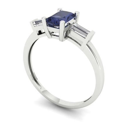 0.8 cttw Simulated Blue Sapphire Three-Stone Engagement Ring - Solid White Gold (VVS1, Emerald Cut,6x4mm)