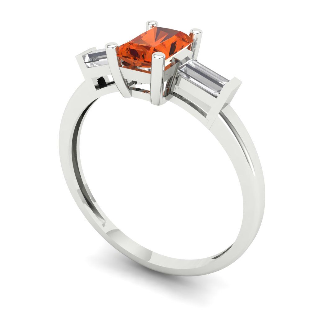 0.8 cttw Zirconia Simulated Red Diamond Three-Stone Engagement Ring - Solid White Gold (VVS1, Emerald Cut,6x4mm)