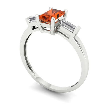0.8 cttw Zirconia Simulated Red Diamond Three-Stone Engagement Ring - Solid White Gold (VVS1, Emerald Cut,6x4mm)