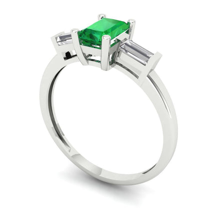 0.8 cttw Simulated Emerald Three-Stone Engagement Ring - Solid Gold (Emerald Cut,6x4mm)