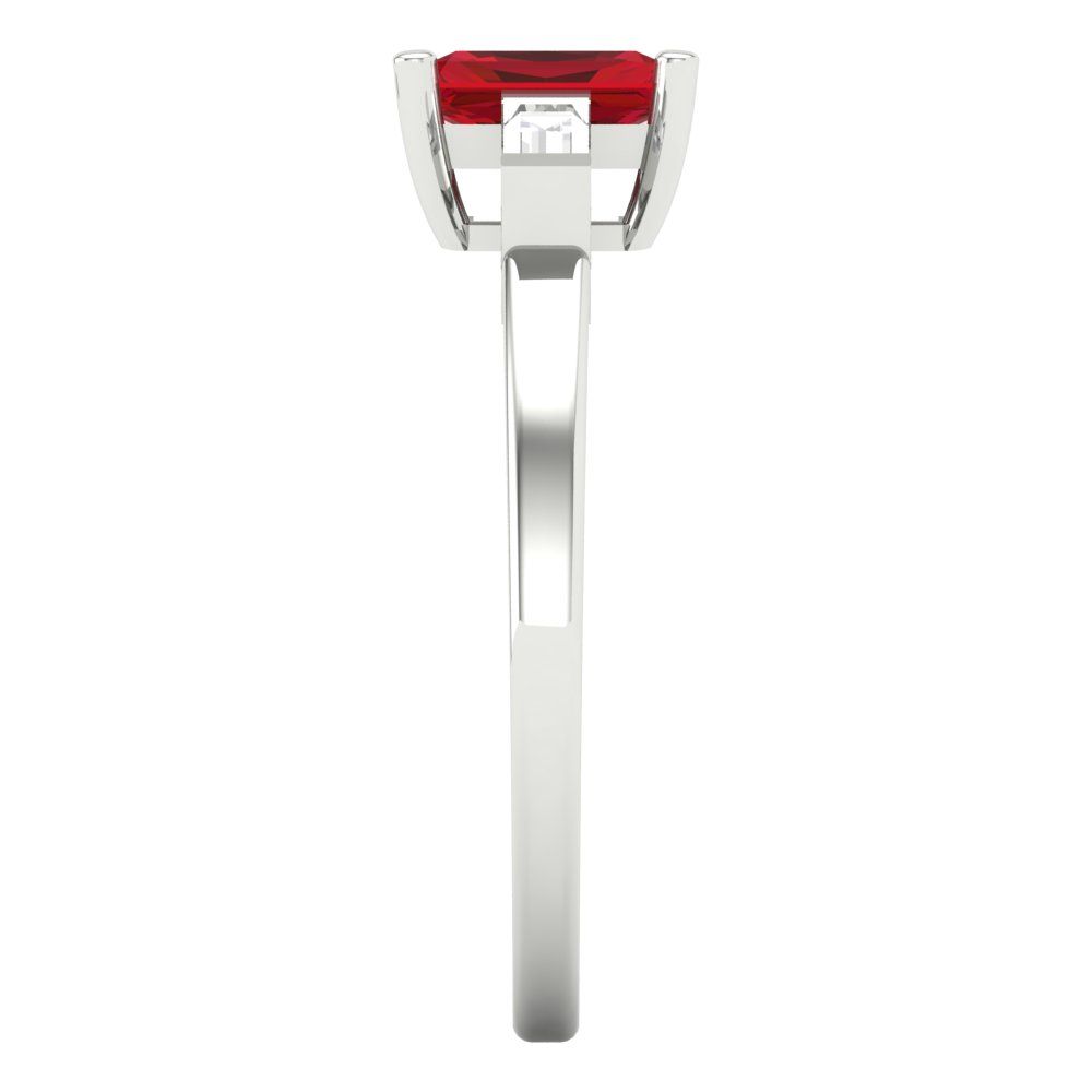 0.8 cttw Simulated Ruby Three-Stone Engagement Ring - Solid White Gold (VVS1, Emerald Cut,6x4mm)