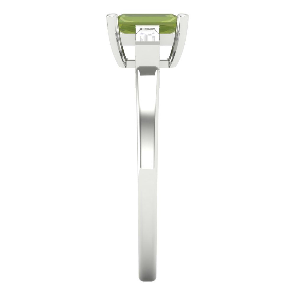 0.8 cttw Natural Peridot Three-Stone Engagement Ring - Solid White Gold (VVS1, Emerald Cut,6x4mm)