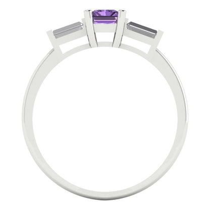 0.8 cttw Simulated Alexandrite Three-Stone Engagement Ring - Solid White Gold (VVS1, Emerald Cut,6x4mm)