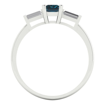 0.8 cttw Natural London Blue Topaz Three-Stone Engagement Ring - Solid White Gold (VVS1, Emerald Cut,6x4mm)