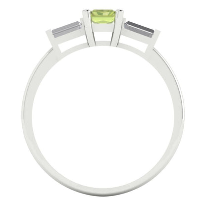 0.8 cttw Natural Peridot Three-Stone Engagement Ring - Solid White Gold (VVS1, Emerald Cut,6x4mm)