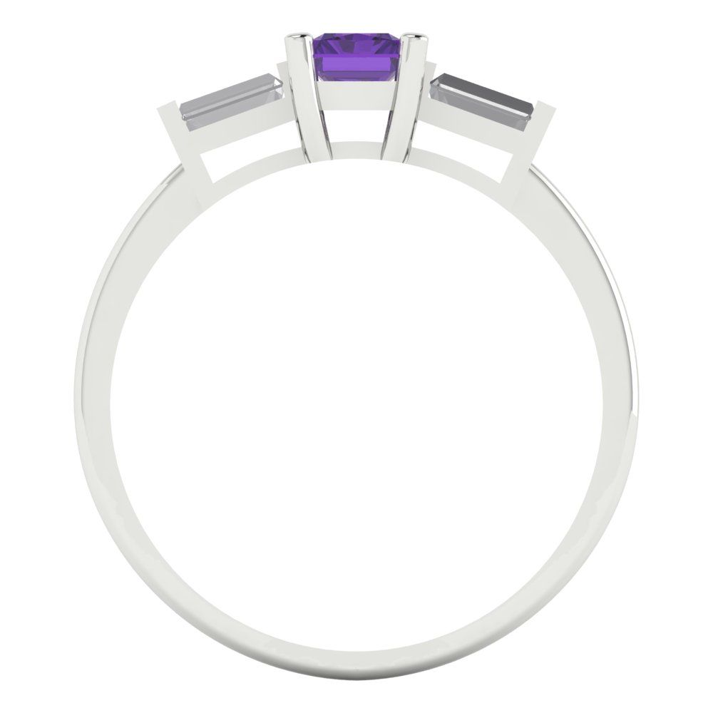 0.8 cttw Natural Amethyst Three-Stone Engagement Ring - Solid White Gold (VVS1, Emerald Cut,6x4mm)