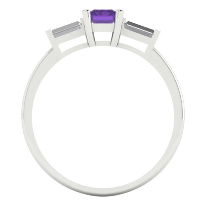0.8 cttw Natural Amethyst Three-Stone Engagement Ring - Solid White Gold (VVS1, Emerald Cut,6x4mm)