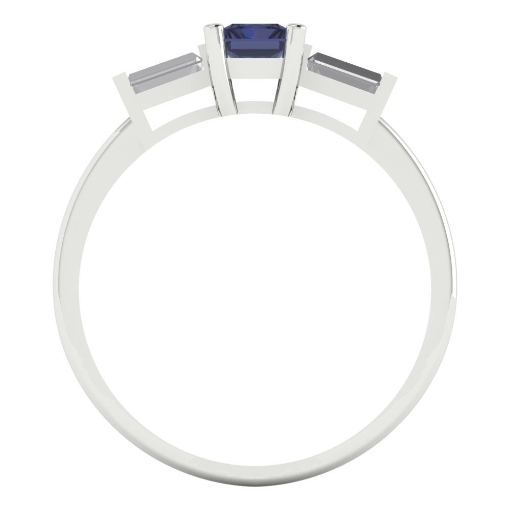 0.8 cttw Simulated Blue Sapphire Three-Stone Engagement Ring - Solid White Gold (VVS1, Emerald Cut,6x4mm)