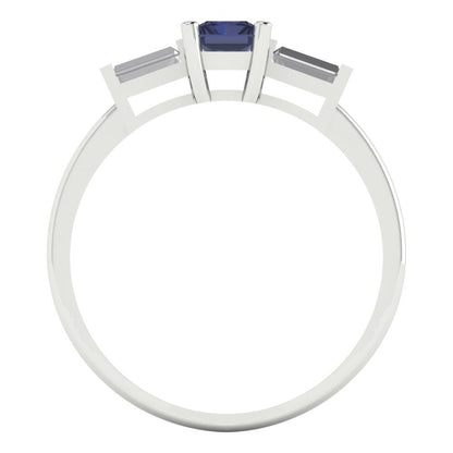 0.8 cttw Simulated Blue Sapphire Three-Stone Engagement Ring - Solid White Gold (VVS1, Emerald Cut,6x4mm)