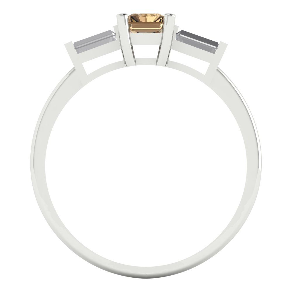 0.8 cttw Zirconia Simulated Champagne Diamond Three-Stone Engagement Ring - Solid White Gold (VVS1, Emerald Cut,6x4mm)