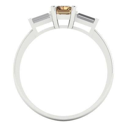 0.8 cttw Zirconia Simulated Champagne Diamond Three-Stone Engagement Ring - Solid White Gold (VVS1, Emerald Cut,6x4mm)