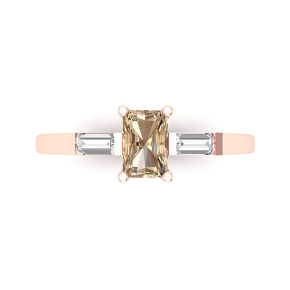0.8 cttw Yellow Moissanite Three-Stone Engagement Ring - Solid Gold (Emerald Cut,6x4mm)
