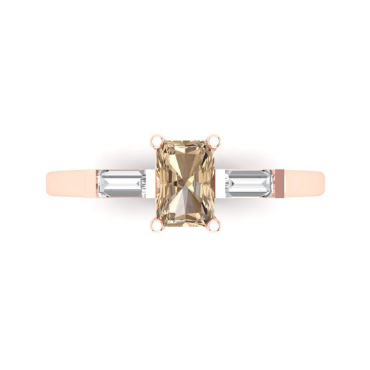 0.8 cttw Yellow Moissanite Three-Stone Engagement Ring - Solid Rose Gold (VVS1, Emerald Cut,6x4mm)