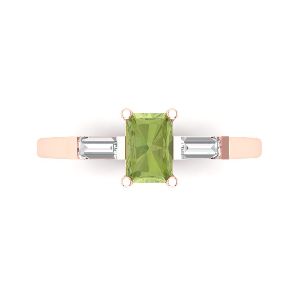 0.8 cttw Natural Peridot Three-Stone Engagement Ring - Solid Gold (Emerald Cut,6x4mm)