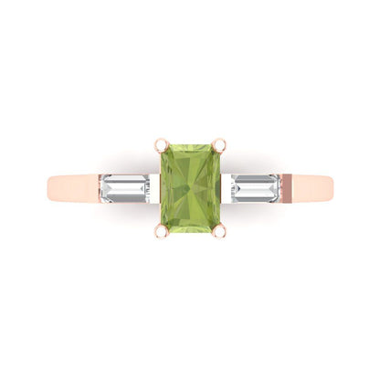 0.8 cttw Natural Peridot Three-Stone Engagement Ring - Solid Gold (Emerald Cut,6x4mm)