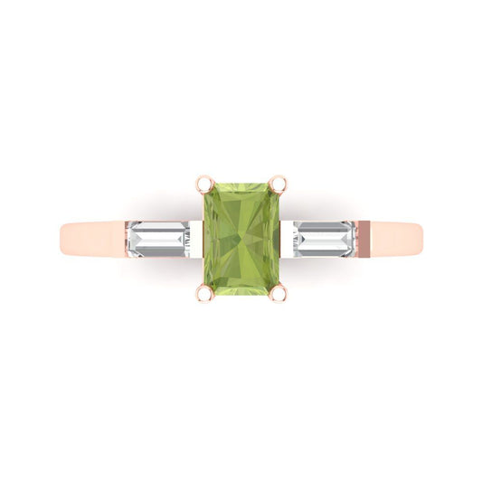 0.8 cttw Natural Peridot Three-Stone Engagement Ring - Solid Rose Gold (VVS1, Emerald Cut,6x4mm)