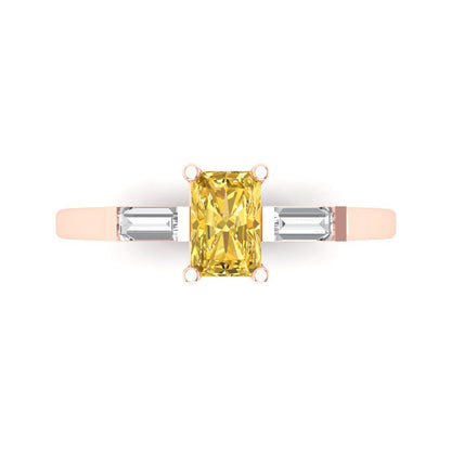 0.8 cttw Zirconia Simulated Yellow Diamond Three-Stone Engagement Ring - Solid Gold (VVS1, Emerald Cut,6x4mm)