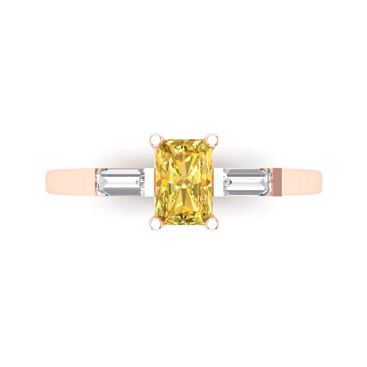 0.8 cttw Zirconia Simulated Yellow Diamond Three-Stone Engagement Ring - Solid Rose Gold (VVS1, Emerald Cut,6x4mm)