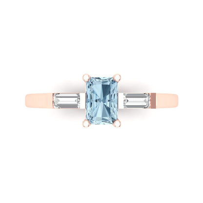 0.8 cttw Zirconia Simulated Blue Diamond Three-Stone Engagement Ring - Solid Gold (VVS1, Emerald Cut,6x4mm)