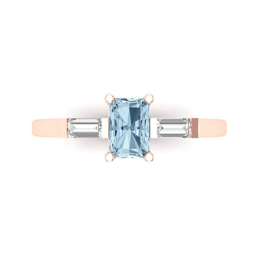 0.8 cttw Zirconia Simulated Blue Diamond Three-Stone Engagement Ring - Solid Rose Gold (VVS1, Emerald Cut,6x4mm)
