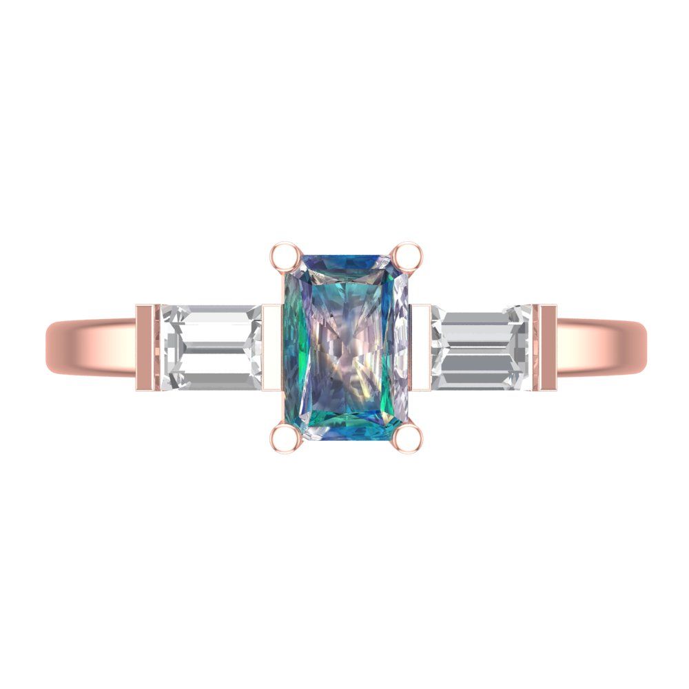 0.8 cttw Blue Moissanite Three-Stone Engagement Ring - Solid Gold (Emerald Cut,6x4mm)