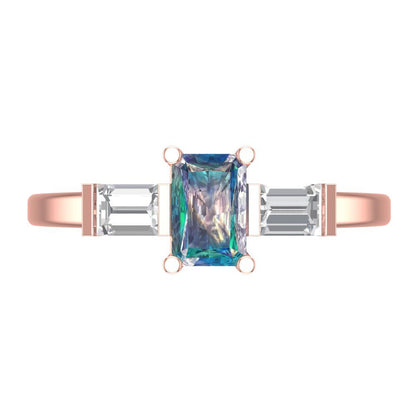 0.8 cttw Blue Moissanite Three-Stone Engagement Ring - Solid Gold (Emerald Cut,6x4mm)