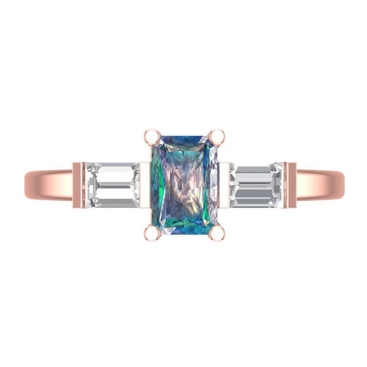 0.8 cttw Blue Moissanite Three-Stone Engagement Ring - Solid Rose Gold (VVS1, Emerald Cut,6x4mm)