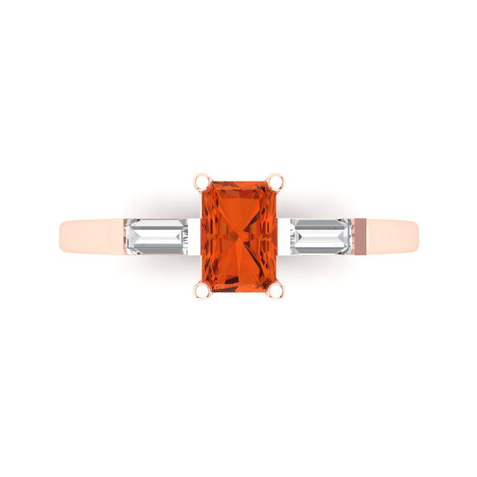 0.8 cttw Zirconia Simulated Red Diamond Three-Stone Engagement Ring - Solid Rose Gold (VVS1, Emerald Cut,6x4mm)