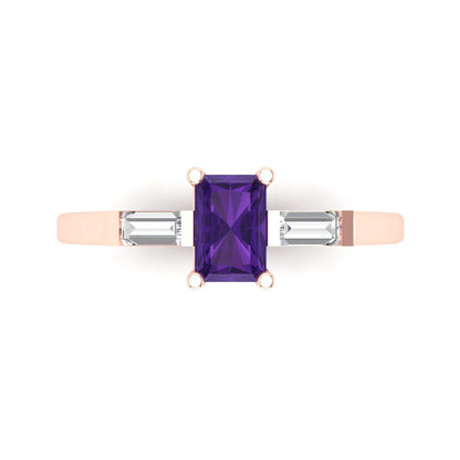 0.8 cttw Natural Amethyst Three-Stone Engagement Ring - Solid Gold (Emerald Cut,6x4mm)