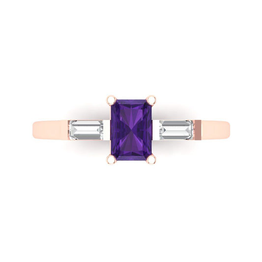 0.8 cttw Natural Amethyst Three-Stone Engagement Ring - Solid Rose Gold (VVS1, Emerald Cut,6x4mm)