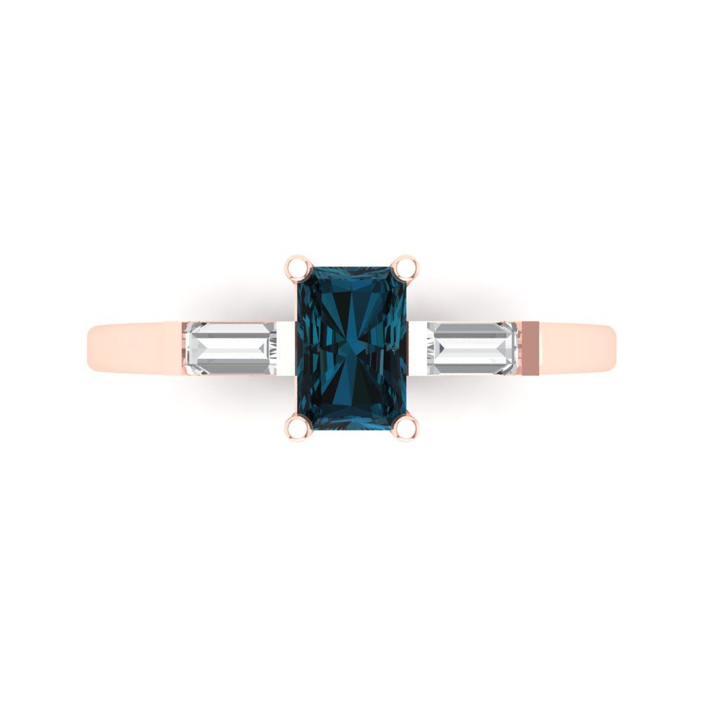 0.8 cttw Natural London Blue Topaz Three-Stone Engagement Ring - Solid Gold (Emerald Cut,6x4mm)