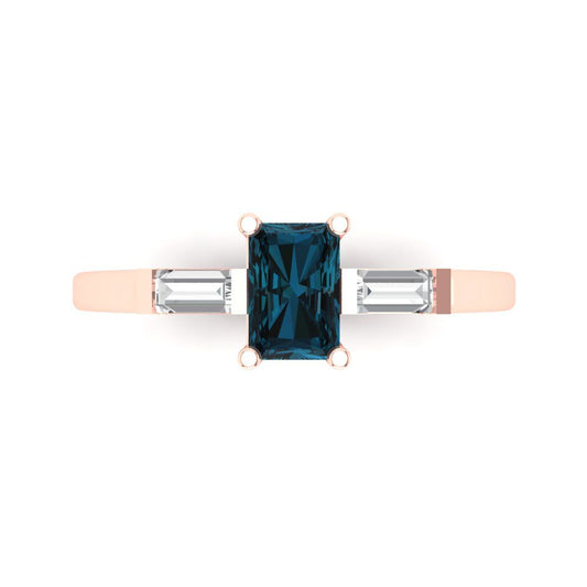 0.8 cttw Natural London Blue Topaz Three-Stone Engagement Ring - Solid Rose Gold (VVS1, Emerald Cut,6x4mm)