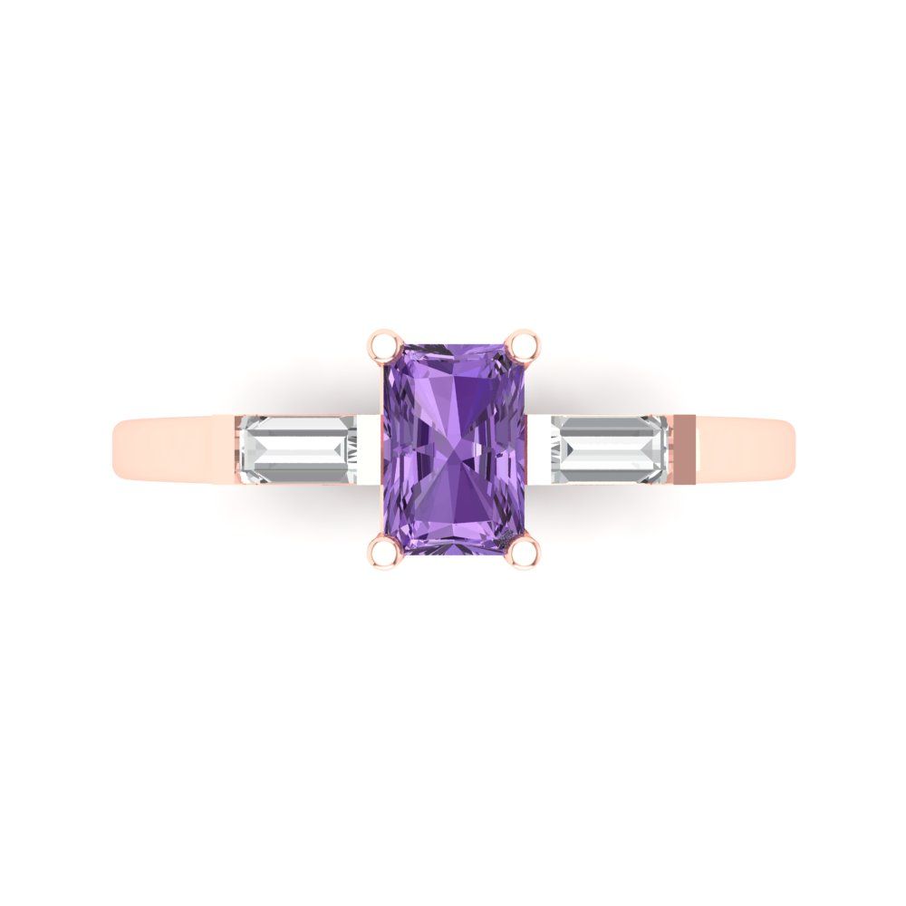 0.8 cttw Simulated Alexandrite Three-Stone Engagement Ring - Solid Gold (Emerald Cut,6x4mm)