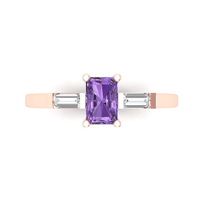 0.8 cttw Simulated Alexandrite Three-Stone Engagement Ring - Solid Gold (Emerald Cut,6x4mm)