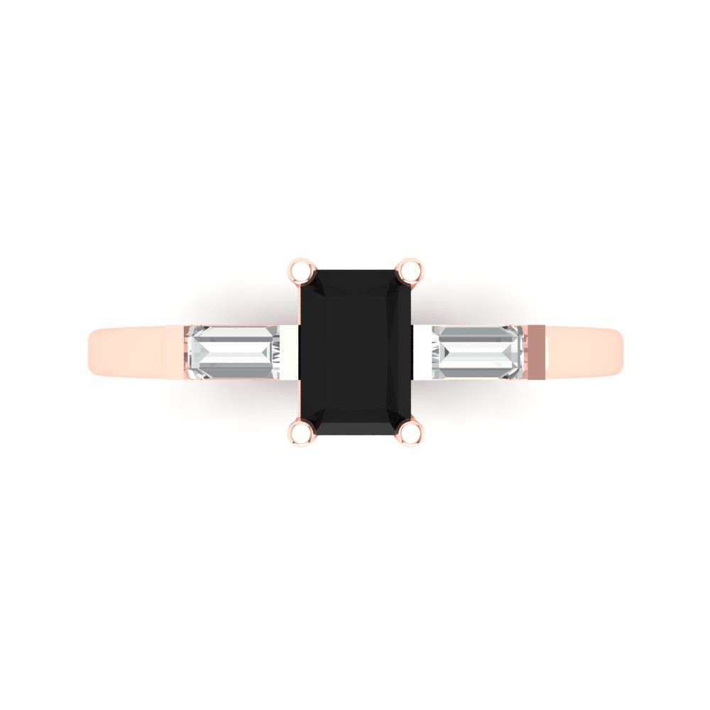 0.8 cttw Natural Onyx Three-Stone Engagement Ring - Solid Gold (Emerald Cut,6x4mm)