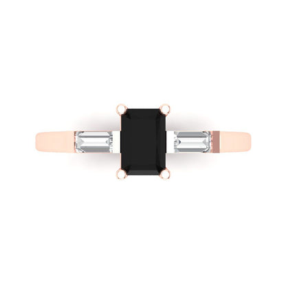 0.8 cttw Natural Onyx Three-Stone Engagement Ring - Solid Gold (Emerald Cut,6x4mm)