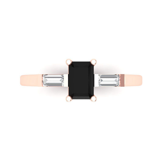 0.8 cttw Natural Onyx Three-Stone Engagement Ring - Solid Rose Gold (VVS1, Emerald Cut,6x4mm)