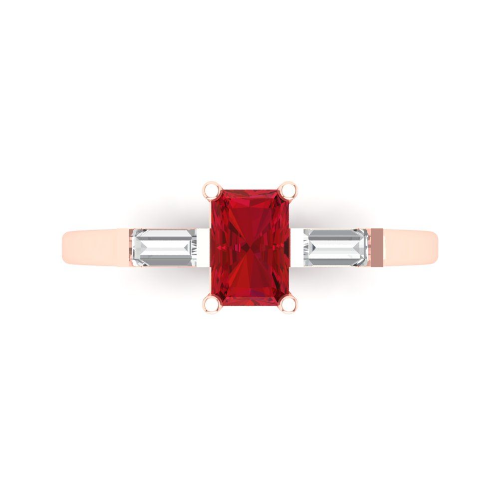 0.8 cttw Simulated Ruby Three-Stone Engagement Ring - Solid Rose Gold (VVS1, Emerald Cut,6x4mm)