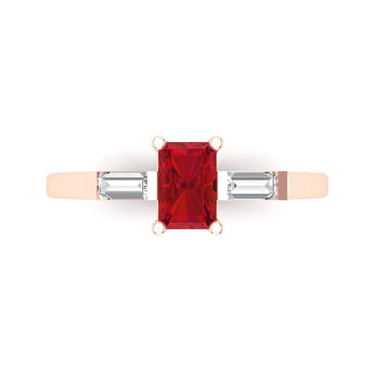 0.8 cttw Simulated Ruby Three-Stone Engagement Ring - Solid Rose Gold (VVS1, Emerald Cut,6x4mm)