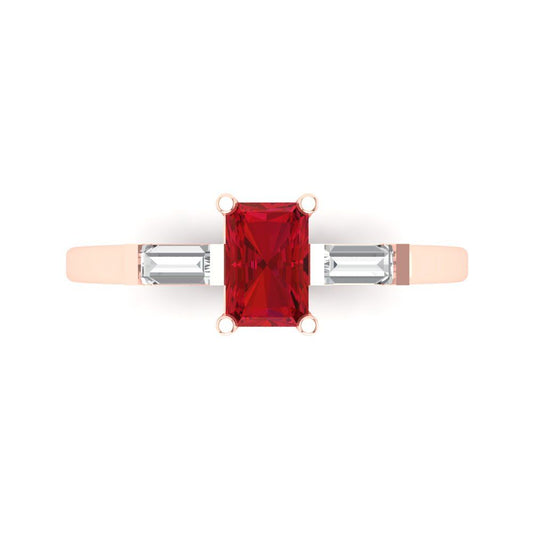 0.8 cttw Simulated Ruby Three-Stone Engagement Ring - Solid Rose Gold (VVS1, Emerald Cut,6x4mm)