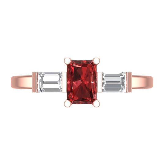 0.8 cttw Natural Garnet Three-Stone Engagement Ring - Solid Rose Gold (VVS1, Emerald Cut,6x4mm)