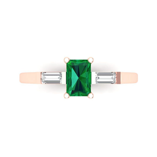 0.8 cttw Simulated Emerald Three-Stone Engagement Ring - Solid Rose Gold (VVS1, Emerald Cut,6x4mm)