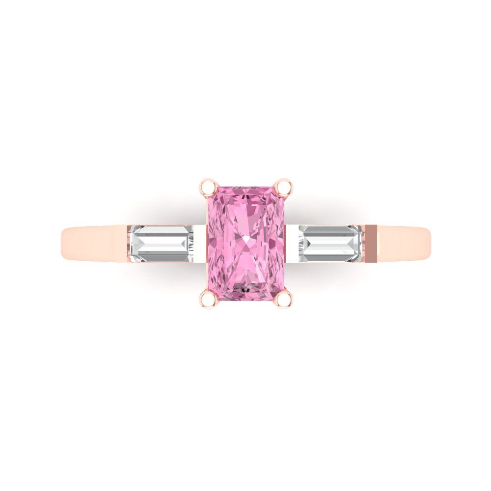 0.8 cttw Zirconia Simulated Pink Diamond Three-Stone Engagement Ring - Solid Gold (VVS1, Emerald Cut,6x4mm)